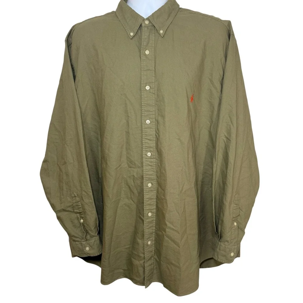 Polo Ralph Lauren Mens 2XB Big & Tall Olive Green Cotton Button Down Shirt Pony